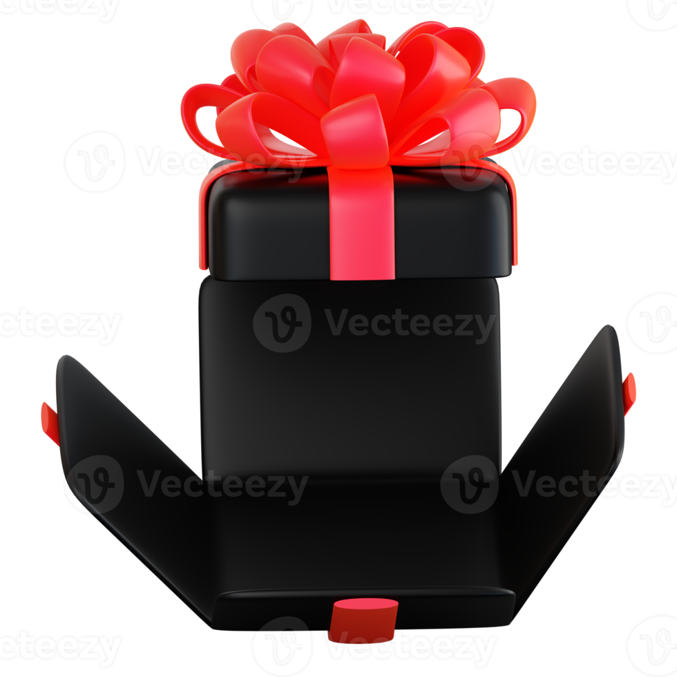 caja de regalo negra realista con lazo de cinta roja. concepto de vacaciones abstractas, cumpleaños, navidad o viernes negro presente o sorpresa. renderizado aislado de alta calidad 3d png