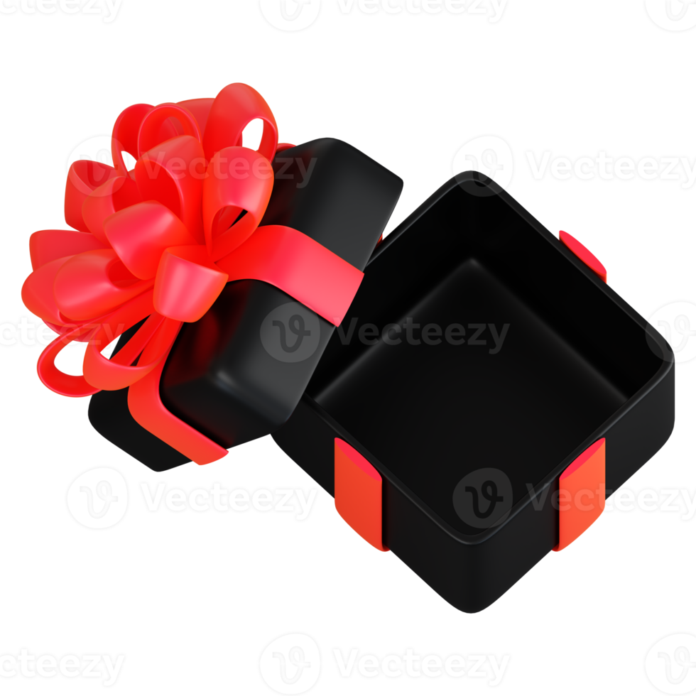 Realistic black gift box with red ribbon bow. Concept of abstract holiday, birthday, Christmas or Black Friday present or surprise. 3d high quality isolated render png