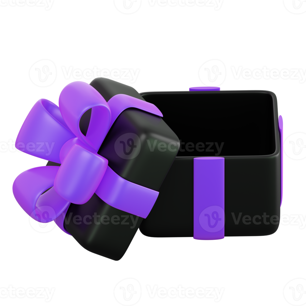 Realistic black gift box with violet or purple ribbon bow. Concept of abstract holiday, birthday, Christmas or Black Friday present or surprise. 3d high quality isolated render png