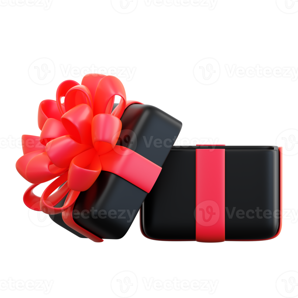 Realistic black gift box with red ribbon bow. Concept of abstract holiday, birthday, Christmas or Black Friday present or surprise. 3d high quality isolated render png