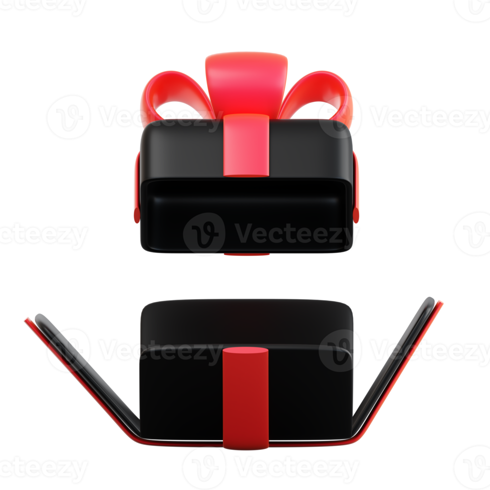 Realistic black gift box with red ribbon bow. Concept of abstract holiday, birthday, Christmas or Black Friday present or surprise. 3d high quality isolated render png