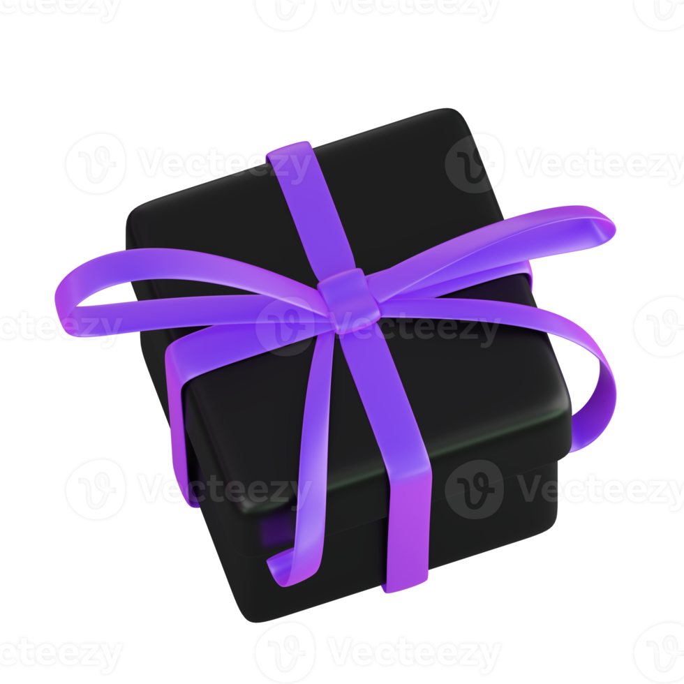 Realistic black gift box with violet or purple ribbon bow. Concept of abstract holiday, birthday, Christmas or Black Friday present or surprise. 3d high quality isolated render png