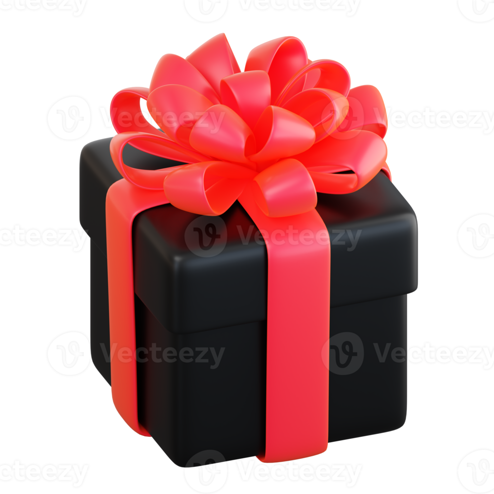 Realistic black gift box with red ribbon bow. Concept of abstract holiday, birthday, Christmas or Black Friday present or surprise. 3d high quality isolated render png