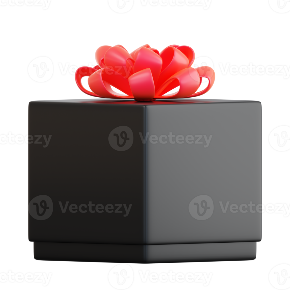 Realistic black gift box with red ribbon bow. Concept of abstract holiday, birthday, Christmas or Black Friday present or surprise. 3d high quality isolated render png