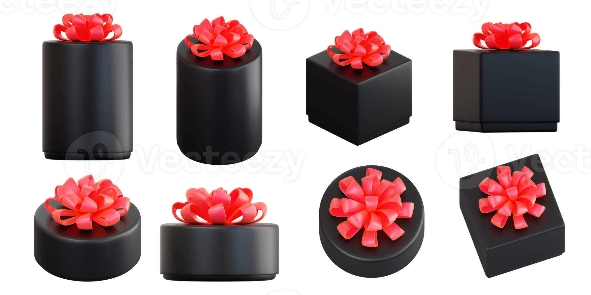 Realistic black gift box set with red ribbon bow. Concept of abstract holiday, birthday, Christmas or Black Friday present or surprise. 3d high quality isolated render png