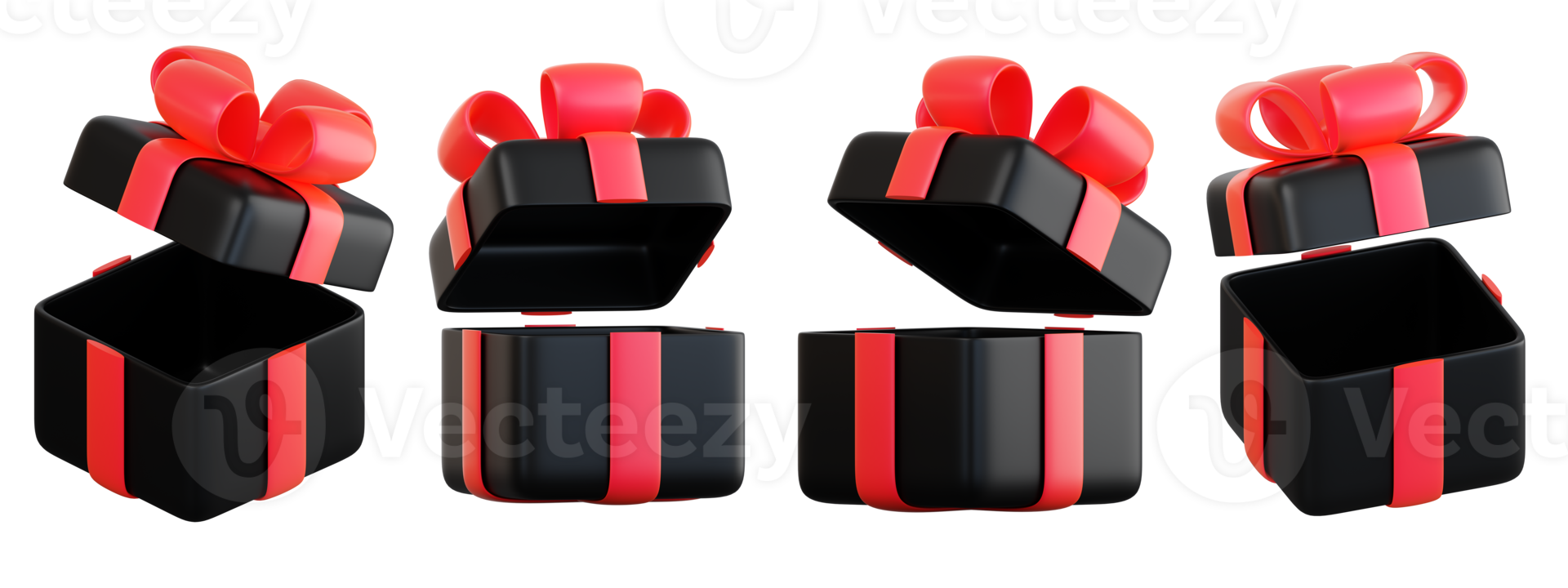 realistisch zwart geschenk doos reeks met rood lint boog. concept van abstract vakantie, verjaardag, Kerstmis of zwart vrijdag Cadeau of verrassing. 3d hoog kwaliteit geïsoleerd geven png