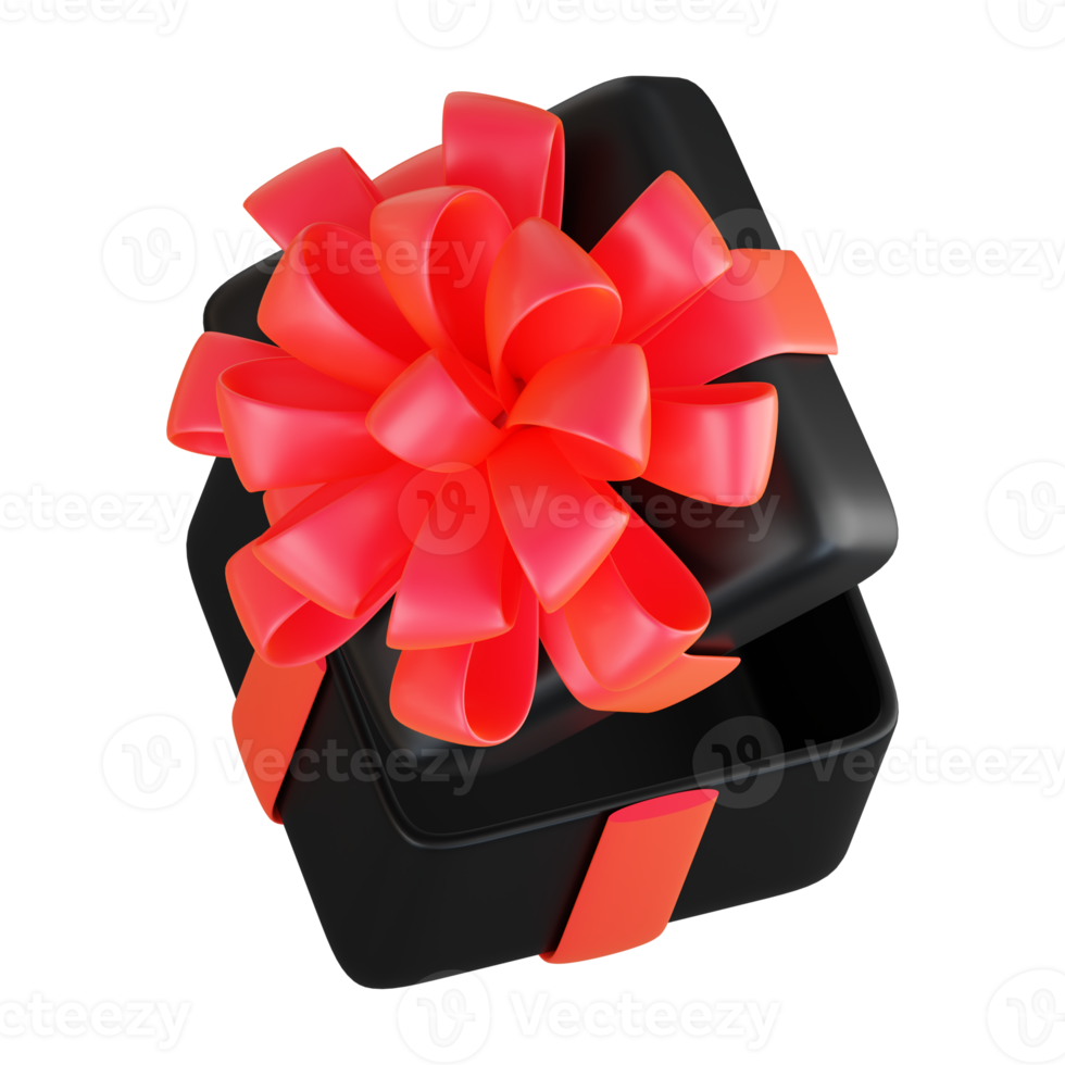 Realistic black gift box with red ribbon bow. Concept of abstract holiday, birthday, Christmas or Black Friday present or surprise. 3d high quality isolated render png