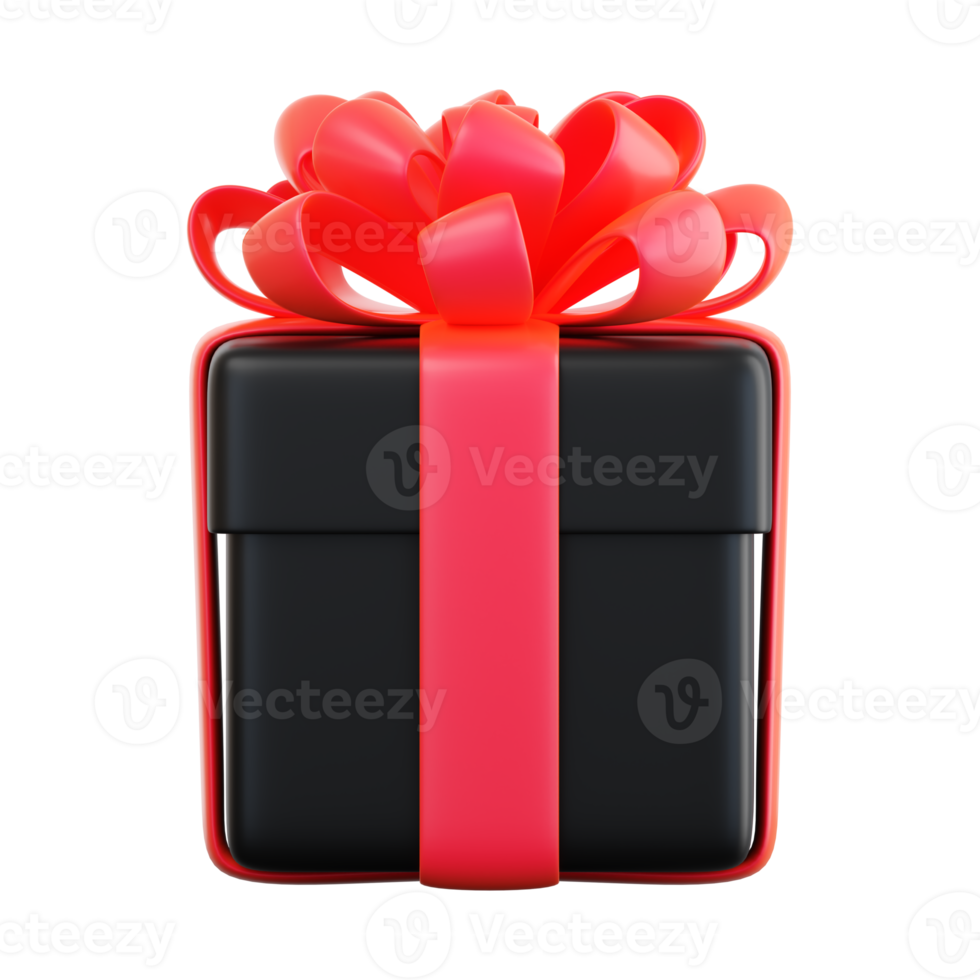 Realistic black gift box with red ribbon bow. Concept of abstract holiday, birthday, Christmas or Black Friday present or surprise. 3d high quality isolated render png