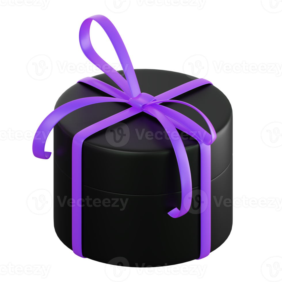 Realistic black gift box with violet or purple ribbon bow. Concept of abstract holiday, birthday, Christmas or Black Friday present or surprise. 3d high quality isolated render png