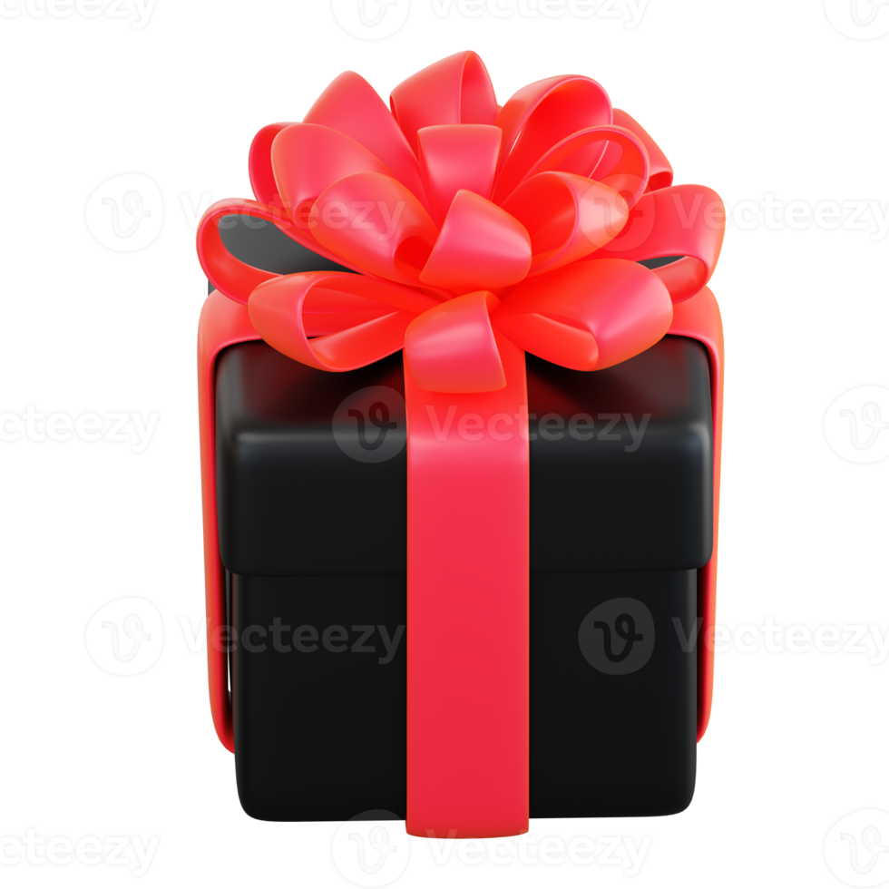 Realistic black gift box with red ribbon bow. Concept of abstract holiday, birthday, Christmas or Black Friday present or surprise. 3d high quality isolated render png