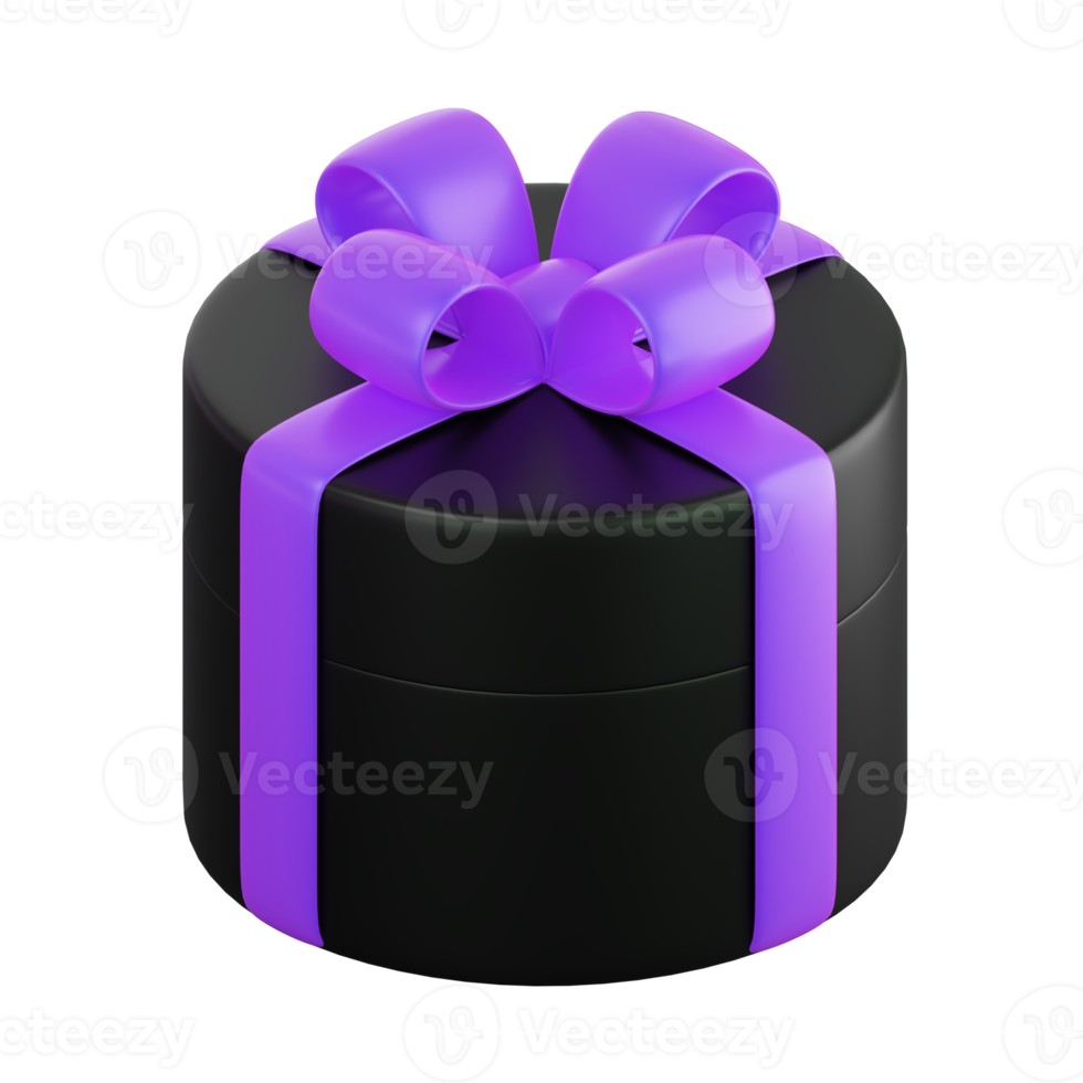 Realistic black gift box with violet or purple ribbon bow. Concept of abstract holiday, birthday, Christmas or Black Friday present or surprise. 3d high quality isolated render png