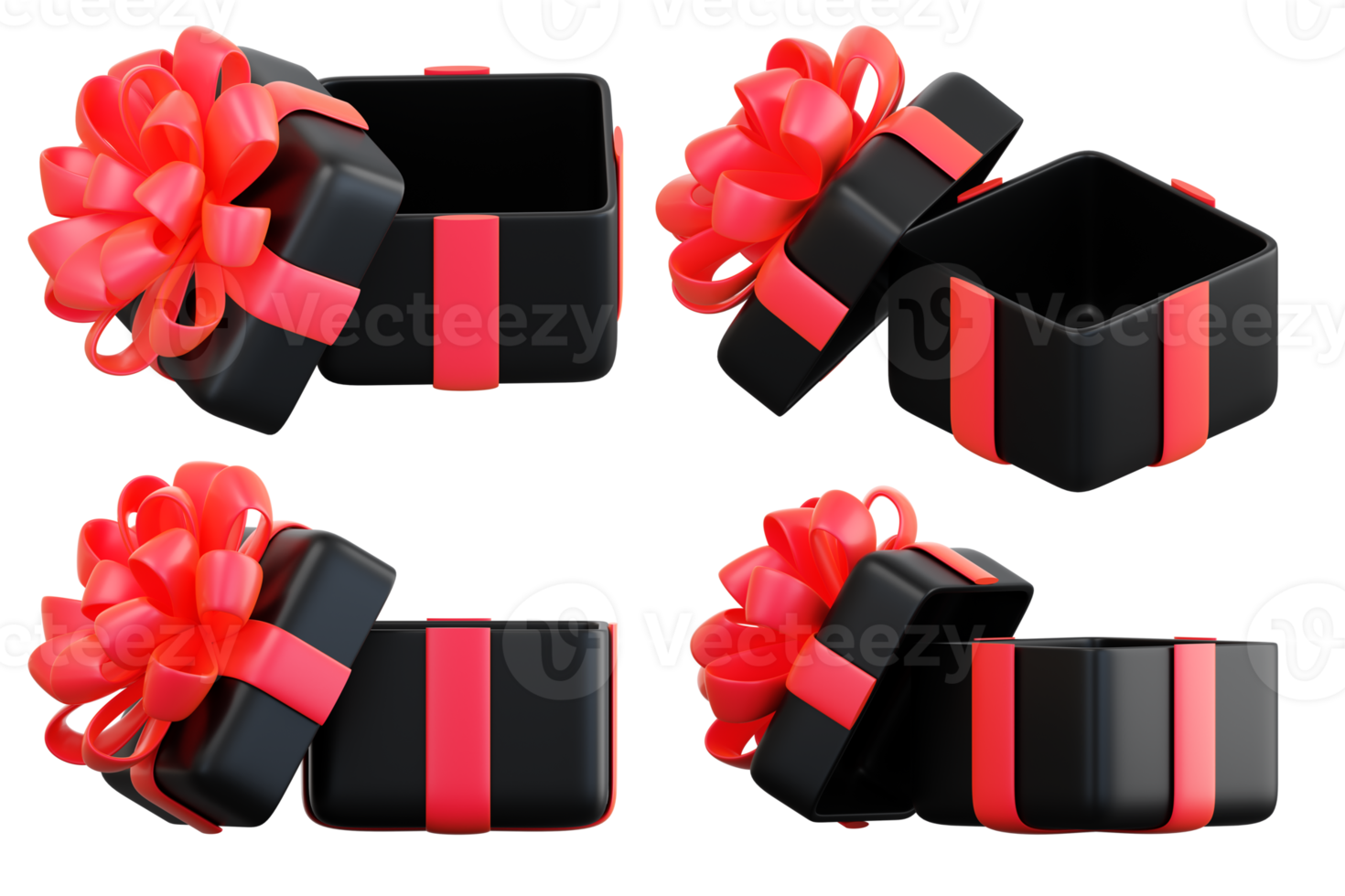 Realistic black gift box set with red ribbon bow. Concept of abstract holiday, birthday, Christmas or Black Friday present or surprise. 3d high quality isolated render png