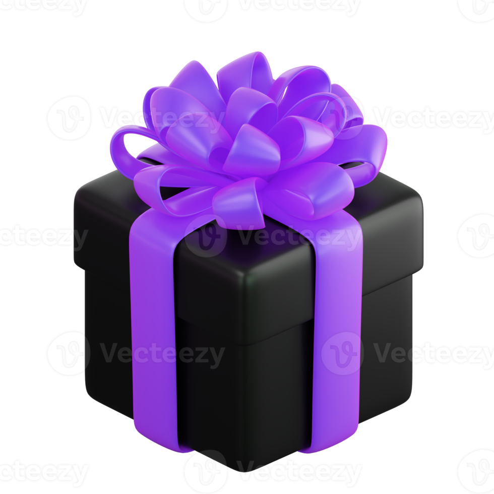 Realistic black gift box with violet or purple ribbon bow. Concept of abstract holiday, birthday, Christmas or Black Friday present or surprise. 3d high quality isolated render png