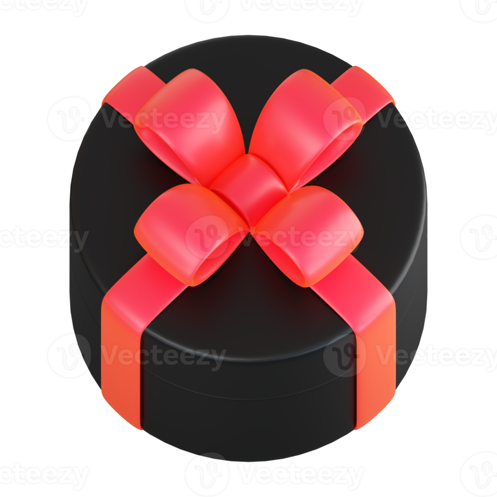 Realistic black gift box with red ribbon bow. Concept of abstract holiday, birthday, Christmas or Black Friday present or surprise. 3d high quality isolated render png