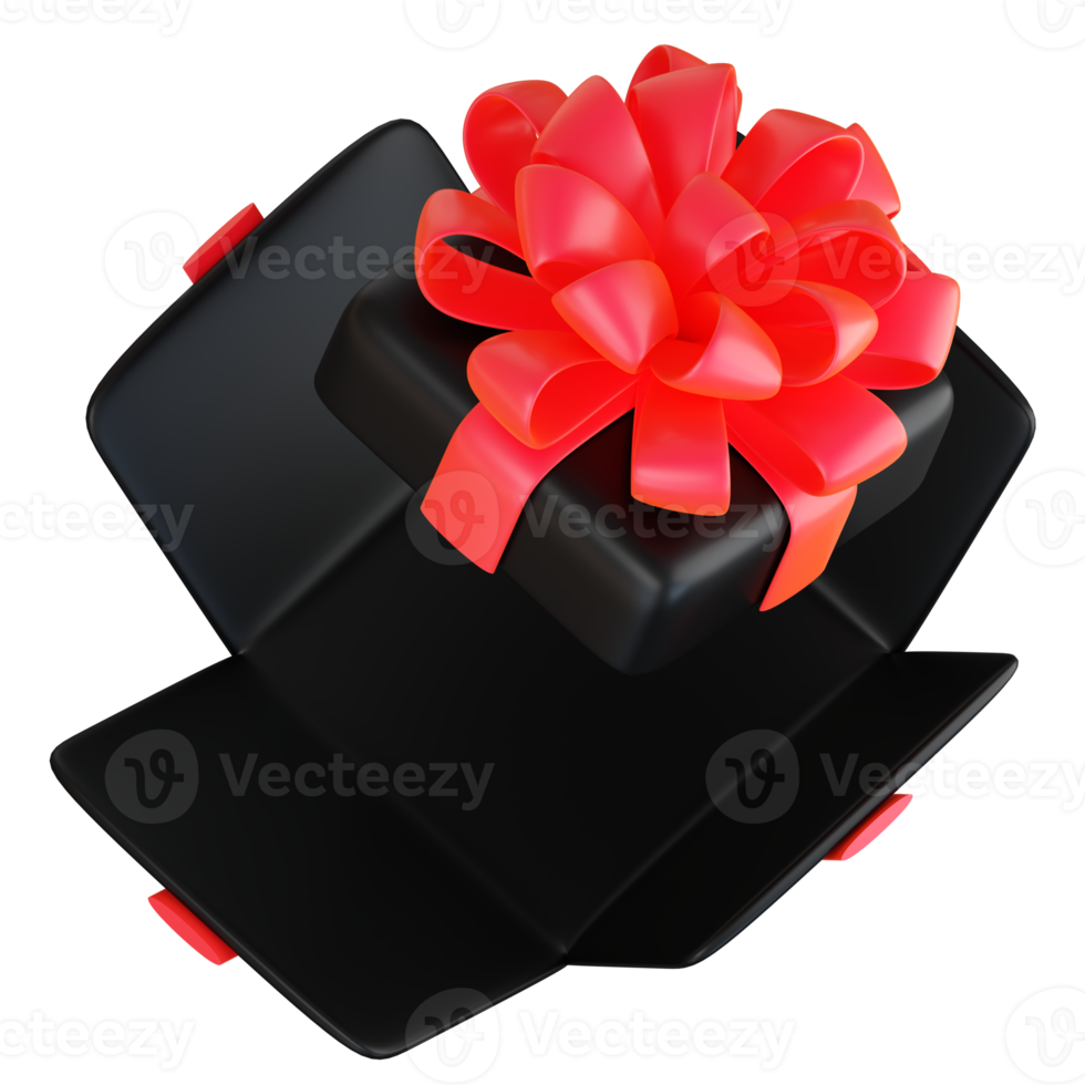 Realistic black gift box with red ribbon bow. Concept of abstract holiday, birthday, Christmas or Black Friday present or surprise. 3d high quality isolated render png