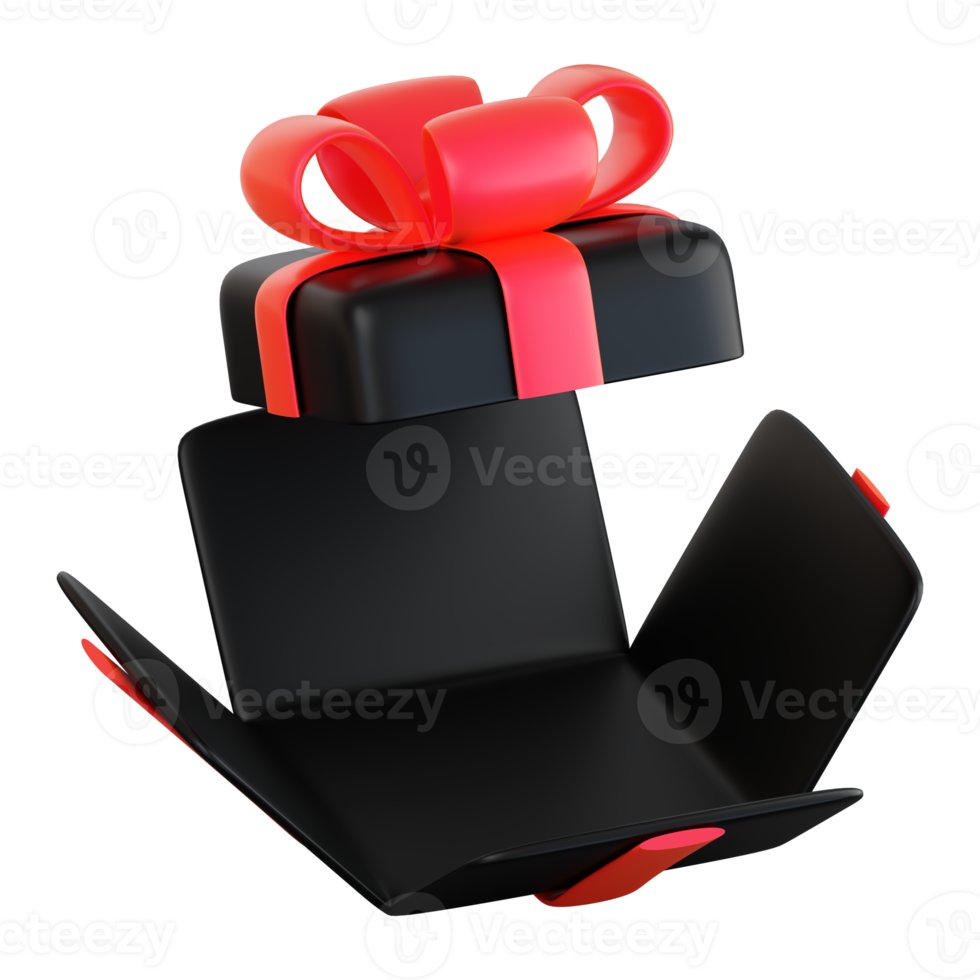 Realistic black gift box with red ribbon bow. Concept of abstract holiday, birthday, Christmas or Black Friday present or surprise. 3d high quality isolated render png