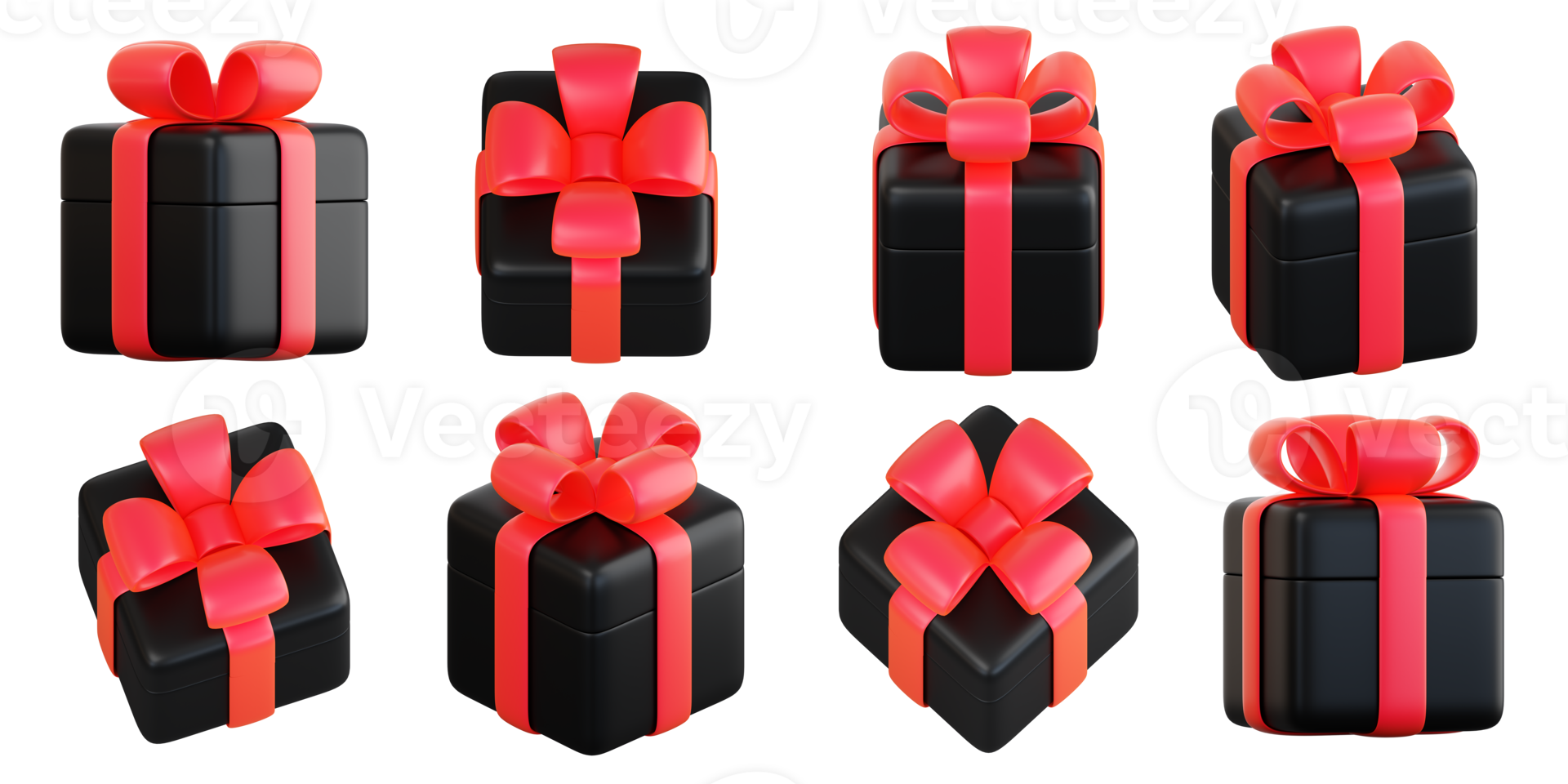 Realistic black gift box set with red ribbon bow. Concept of abstract holiday, birthday, Christmas or Black Friday present or surprise. 3d high quality isolated render png