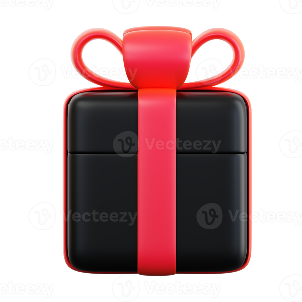 Realistic black gift box with red ribbon bow. Concept of abstract holiday, birthday, Christmas or Black Friday present or surprise. 3d high quality isolated render png