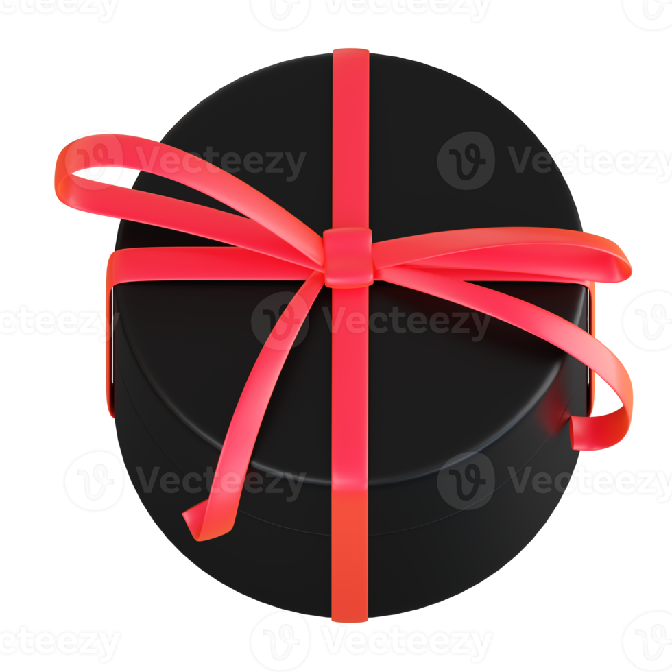 Realistic black gift box with red ribbon bow. Concept of abstract holiday, birthday, Christmas or Black Friday present or surprise. 3d high quality isolated render png