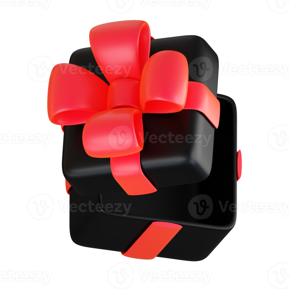 realistisk svart gåva låda med röd band rosett. begrepp av abstrakt Semester, födelsedag, jul eller svart fredag närvarande eller överraskning. 3d hög kvalitet isolerat framställa png