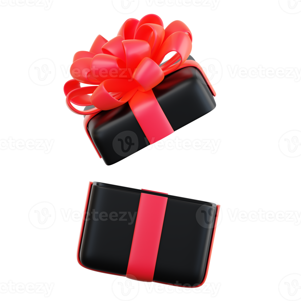 Realistic black gift box with red ribbon bow. Concept of abstract holiday, birthday, Christmas or Black Friday present or surprise. 3d high quality isolated render png