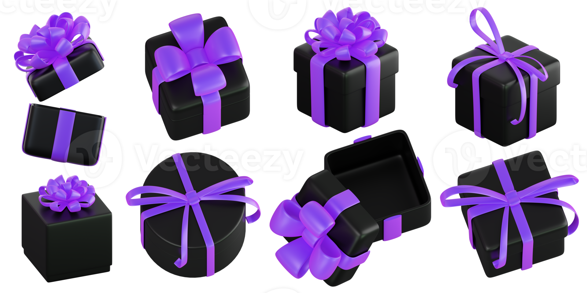 Realistic black gift box set with violet or purple ribbon bow. Concept of abstract holiday, birthday, Christmas or Black Friday present or surprise. 3d high quality isolated render png