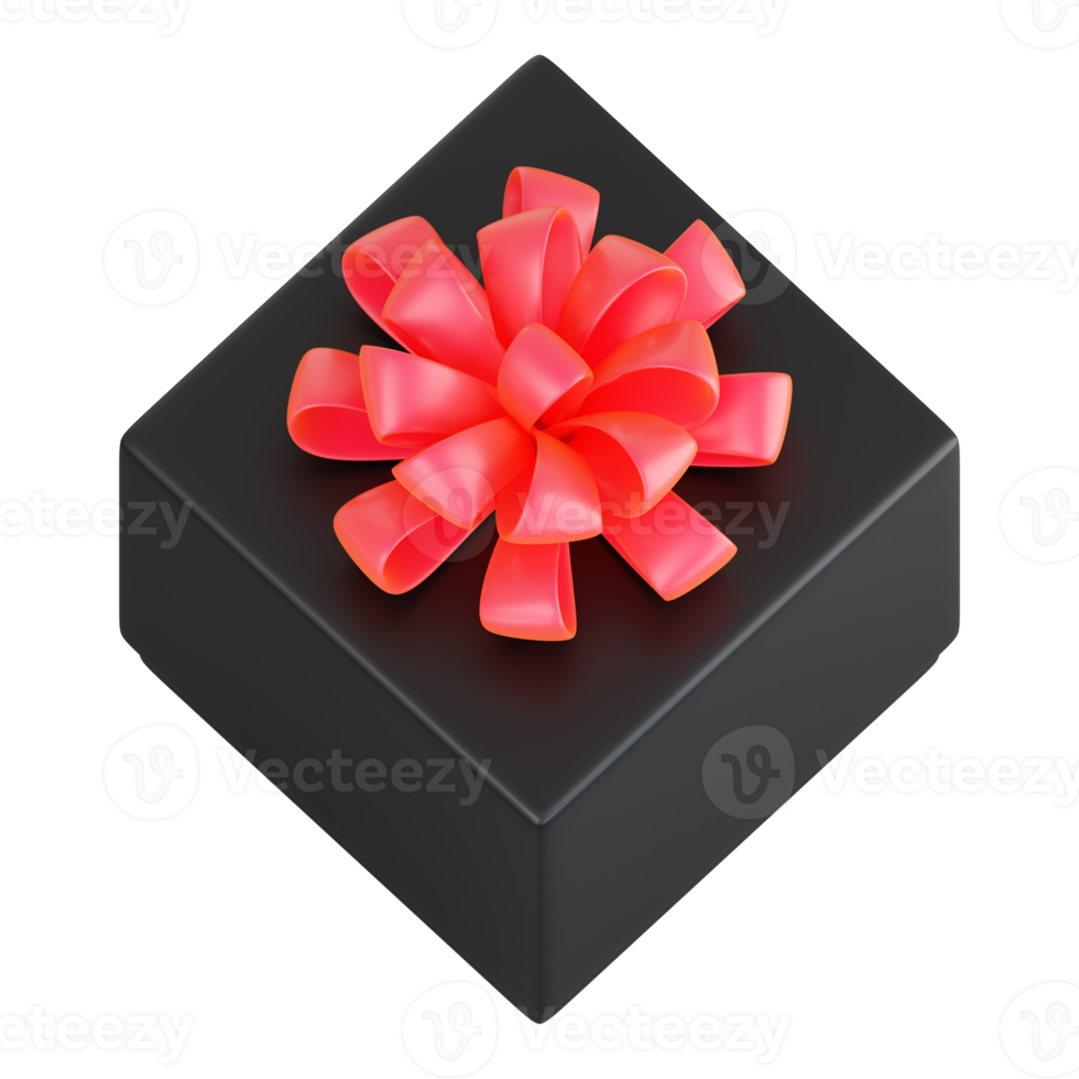 Realistic black gift box with red ribbon bow. Concept of abstract holiday, birthday, Christmas or Black Friday present or surprise. 3d high quality isolated render png