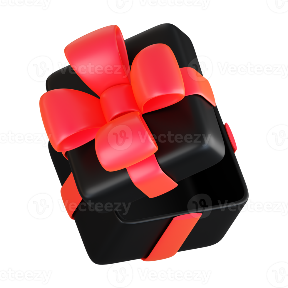 Realistic black gift box with red ribbon bow. Concept of abstract holiday, birthday, Christmas or Black Friday present or surprise. 3d high quality isolated render png