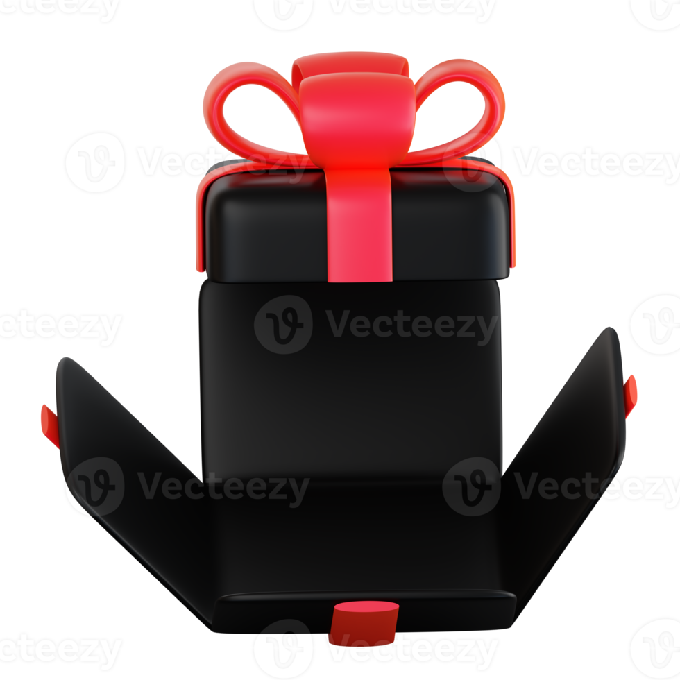 Realistic black gift box with red ribbon bow. Concept of abstract holiday, birthday, Christmas or Black Friday present or surprise. 3d high quality isolated render png