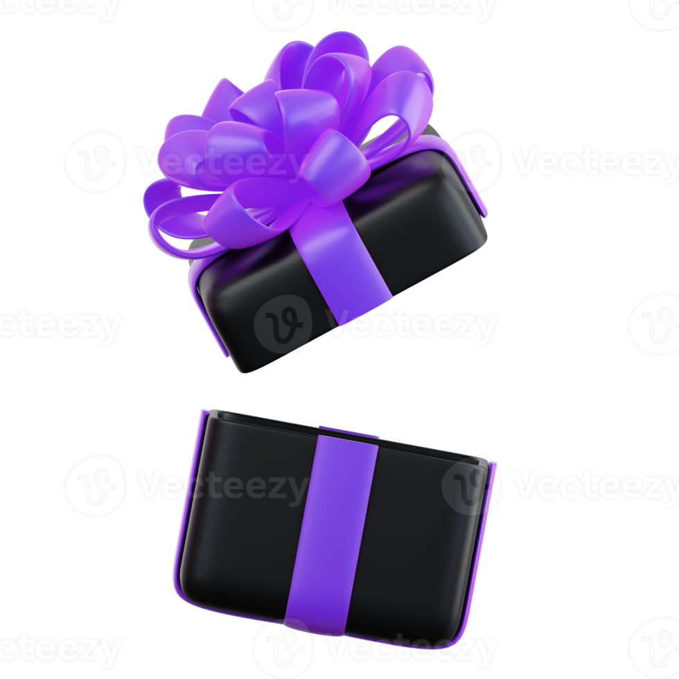 Realistic black gift box with violet or purple ribbon bow. Concept of abstract holiday, birthday, Christmas or Black Friday present or surprise. 3d high quality isolated render png