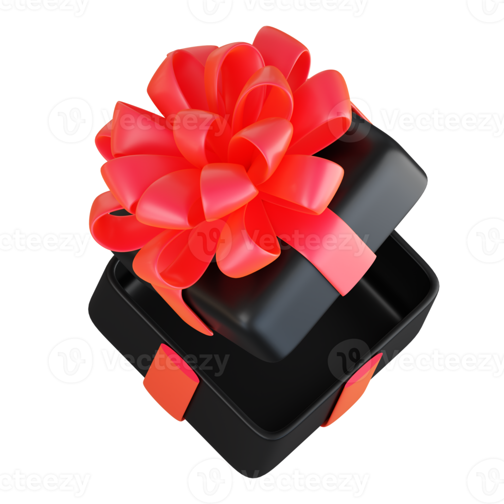Realistic black gift box with red ribbon bow. Concept of abstract holiday, birthday, Christmas or Black Friday present or surprise. 3d high quality isolated render png
