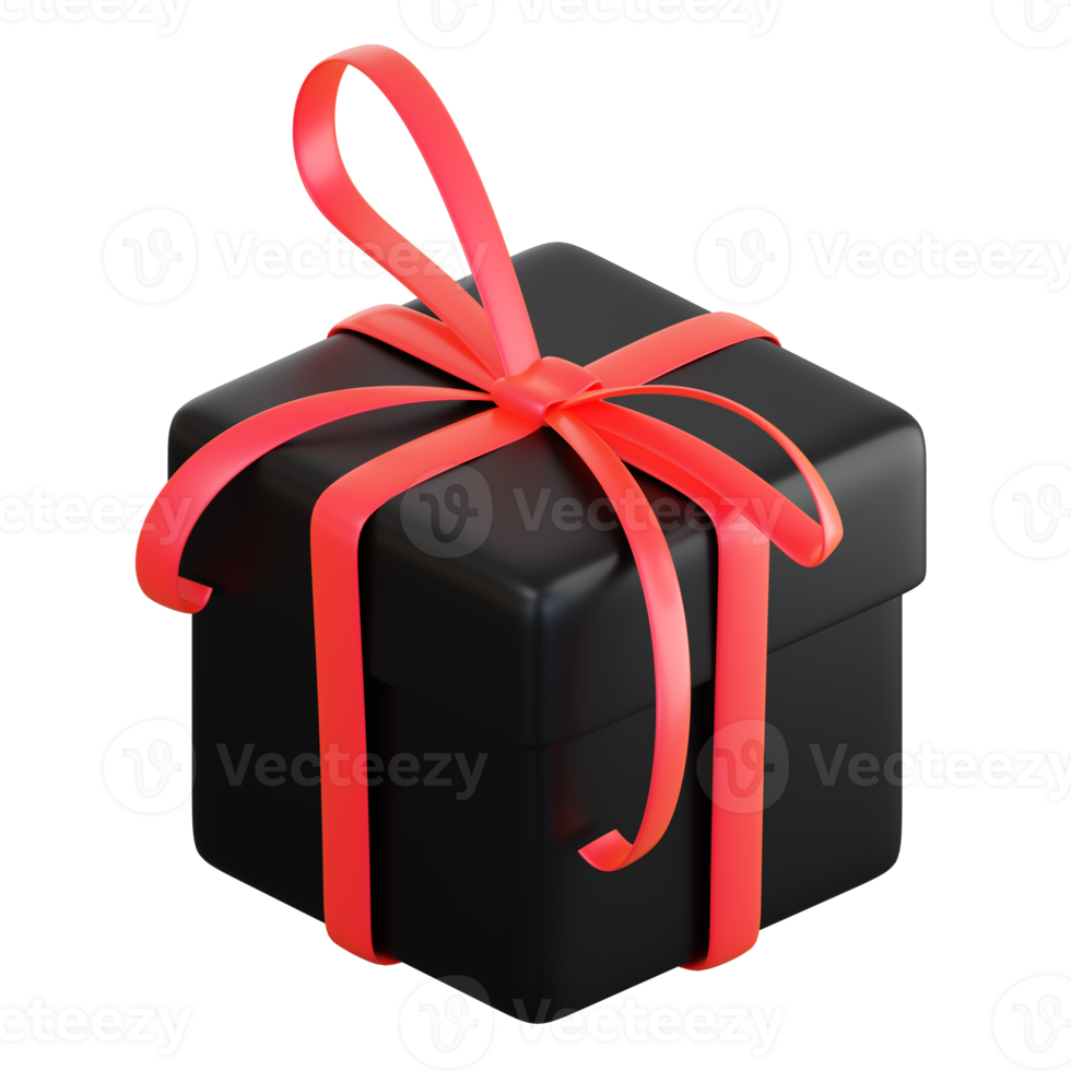 Realistic black gift box with red ribbon bow. Concept of abstract holiday, birthday, Christmas or Black Friday present or surprise. 3d high quality isolated render png