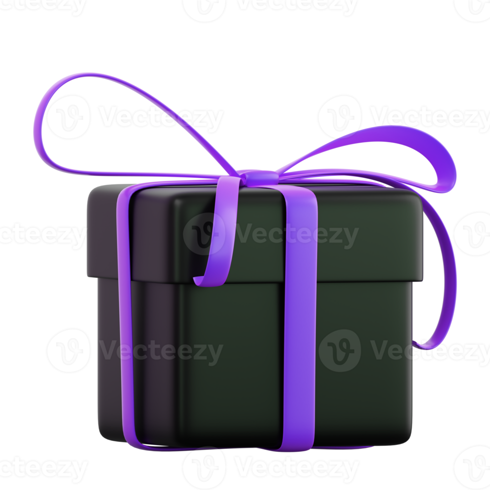 Realistic black gift box with violet or purple ribbon bow. Concept of abstract holiday, birthday, Christmas or Black Friday present or surprise. 3d high quality isolated render png