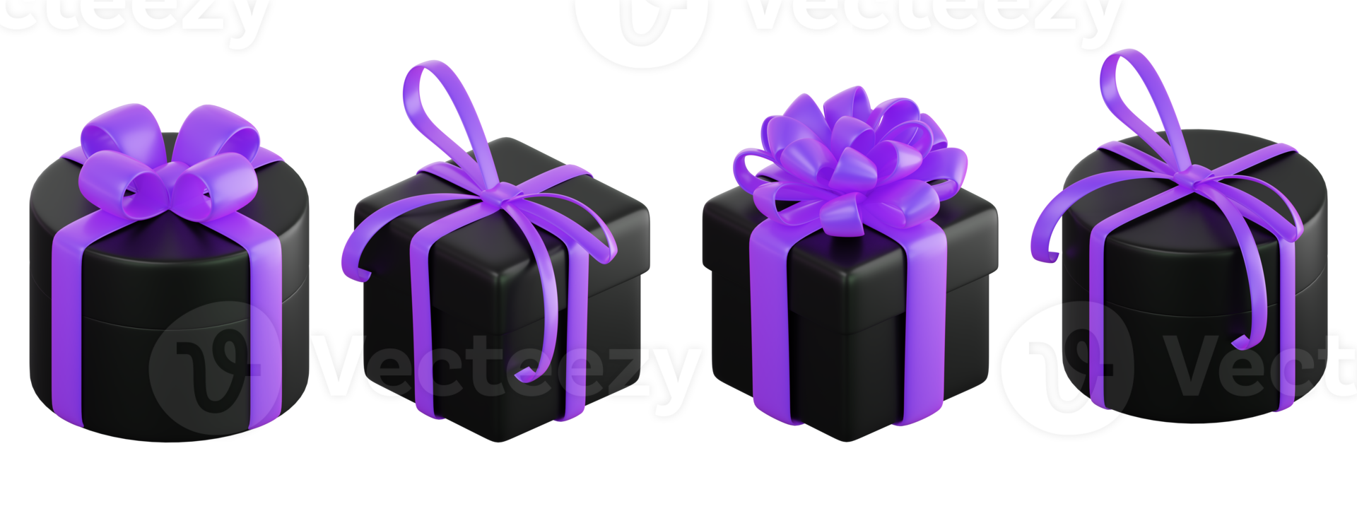 Realistic black gift box set with violet or purple ribbon bow. Concept of abstract holiday, birthday, Christmas or Black Friday present or surprise. 3d high quality isolated render png