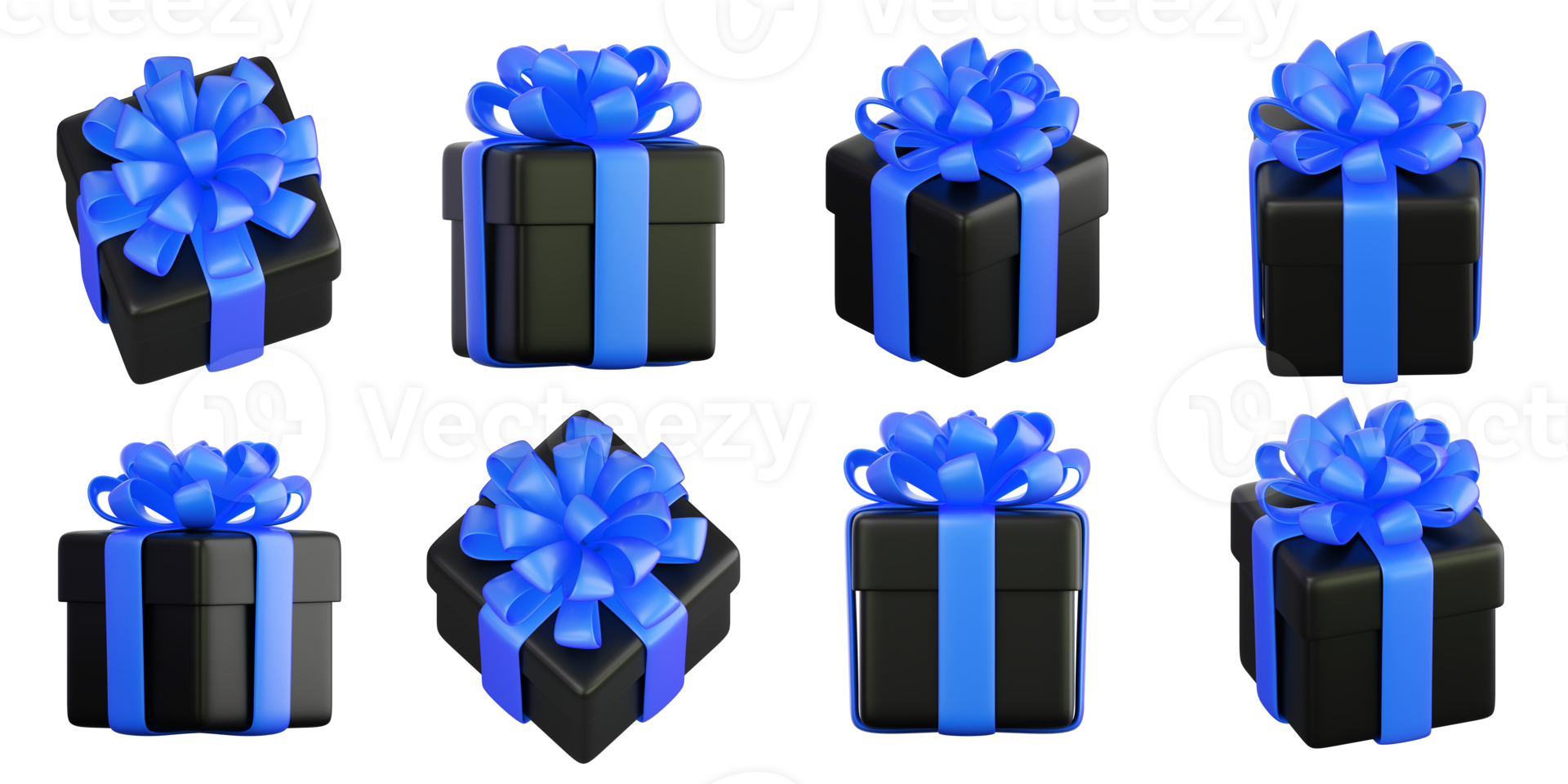 Realistic black gift box with blue ribbon bow. Concept of abstract holiday, birthday, Christmas or Black Friday present or surprise. 3d high quality isolated render png