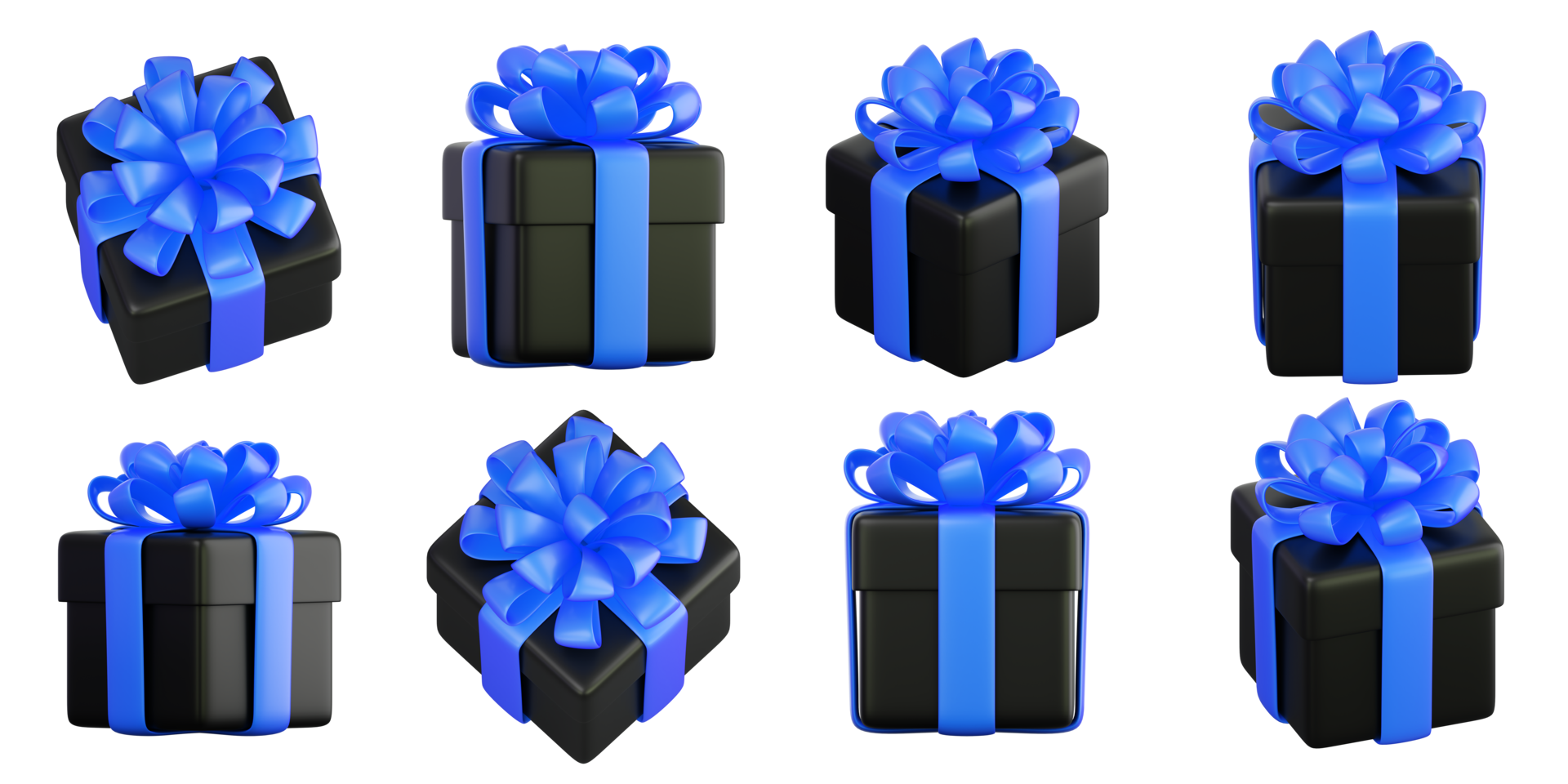 Realistic black gift box with blue ribbon bow. Concept of abstract