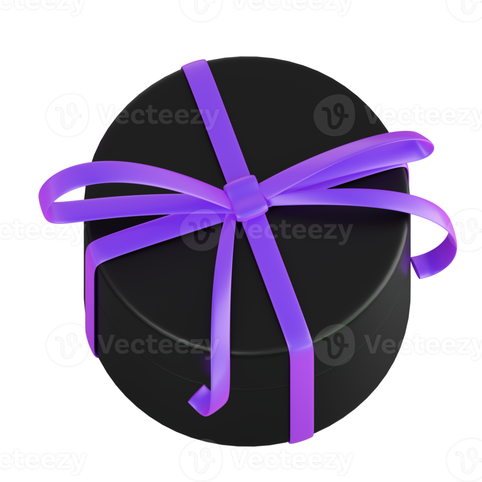 Realistic black gift box with violet or purple ribbon bow. Concept of abstract holiday, birthday, Christmas or Black Friday present or surprise. 3d high quality isolated render png