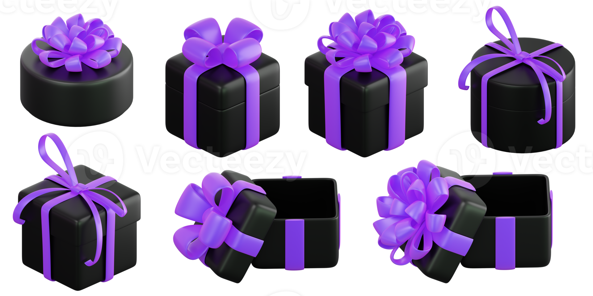Realistic black gift box set with violet or purple ribbon bow. Concept of abstract holiday, birthday, Christmas or Black Friday present or surprise. 3d high quality isolated render png