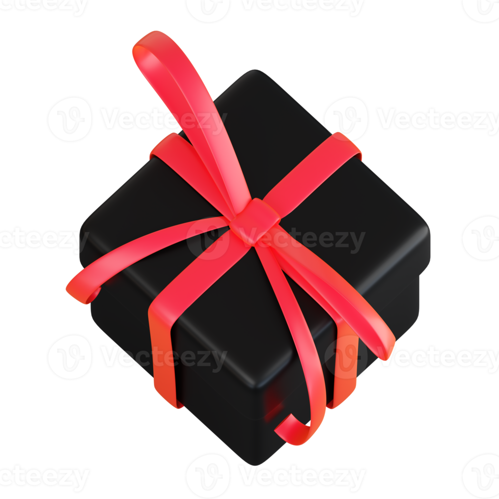 Realistic black gift box with red ribbon bow. Concept of abstract holiday, birthday, Christmas or Black Friday present or surprise. 3d high quality isolated render png