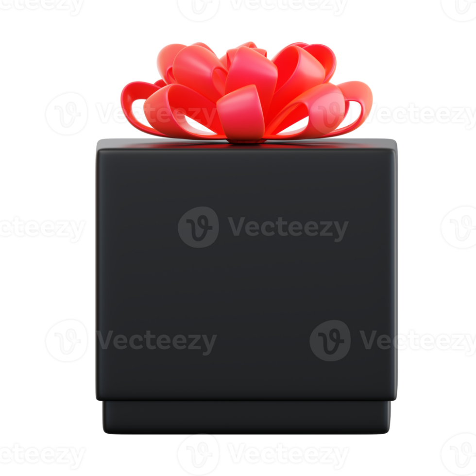 Realistic black gift box with red ribbon bow. Concept of abstract holiday, birthday, Christmas or Black Friday present or surprise. 3d high quality isolated render png