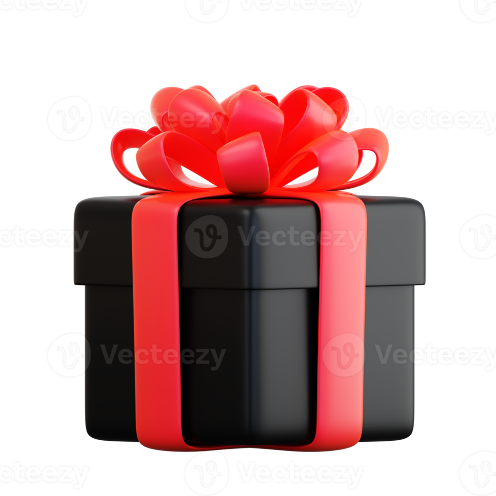 Realistic black gift box with red ribbon bow. Concept of abstract holiday, birthday, Christmas or Black Friday present or surprise. 3d high quality isolated render png