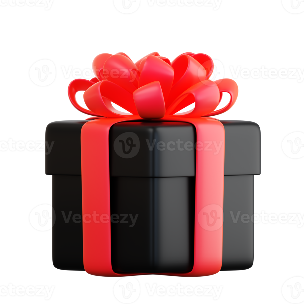 Realistic black gift box with red ribbon bow. Concept of abstract holiday, birthday, Christmas or Black Friday present or surprise. 3d high quality isolated render png