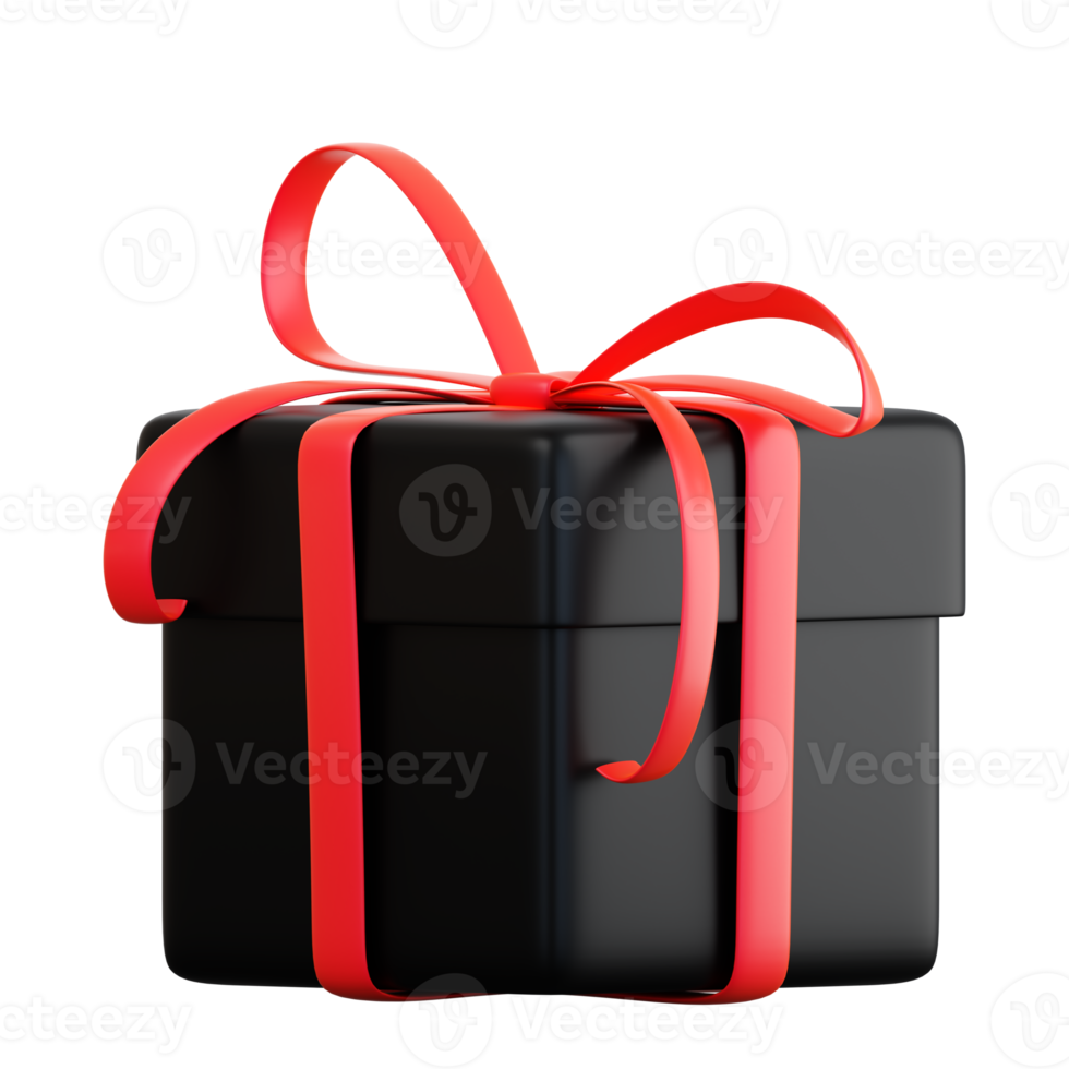 Realistic black gift box with red ribbon bow. Concept of abstract holiday, birthday, Christmas or Black Friday present or surprise. 3d high quality isolated render png