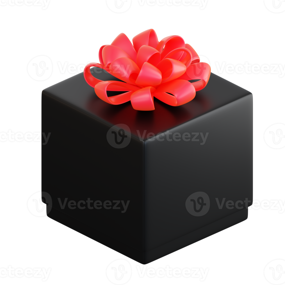 Realistic black gift box with red ribbon bow. Concept of abstract holiday, birthday, Christmas or Black Friday present or surprise. 3d high quality isolated render png