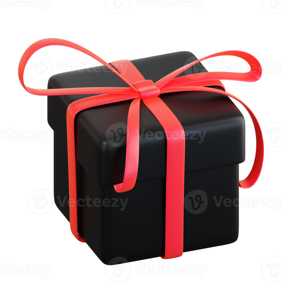 Realistic black gift box with red ribbon bow. Concept of abstract holiday, birthday, Christmas or Black Friday present or surprise. 3d high quality isolated render png