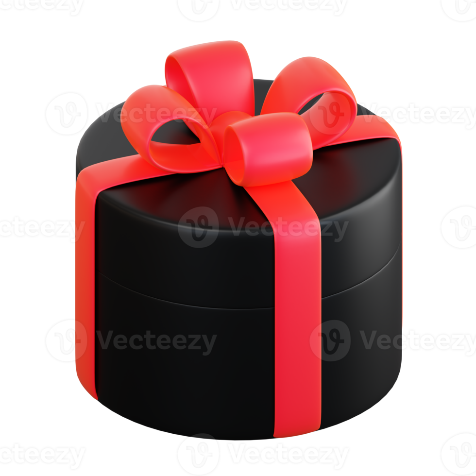 Realistic black gift box with red ribbon bow. Concept of abstract holiday, birthday, Christmas or Black Friday present or surprise. 3d high quality isolated render png