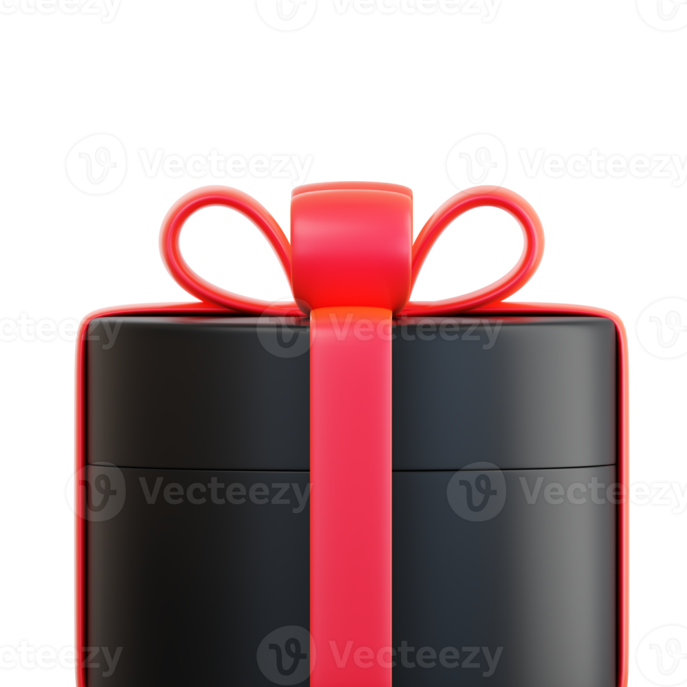 Realistic black gift box with red ribbon bow. Concept of abstract holiday, birthday, Christmas or Black Friday present or surprise. 3d high quality isolated render png