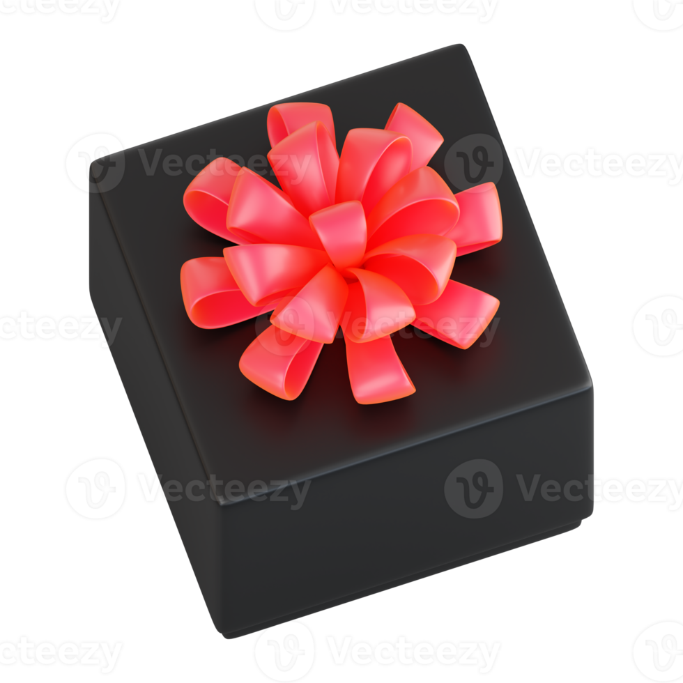 Realistic black gift box with red ribbon bow. Concept of abstract holiday, birthday, Christmas or Black Friday present or surprise. 3d high quality isolated render png