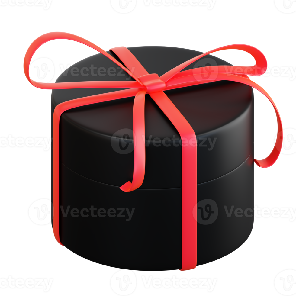 realistische schwarze geschenkbox mit roter schleife. konzept des abstrakten feiertags-, geburtstags-, weihnachts- oder schwarzen freitagsgeschenks oder der überraschung. 3d hochwertiges isoliertes rendern png