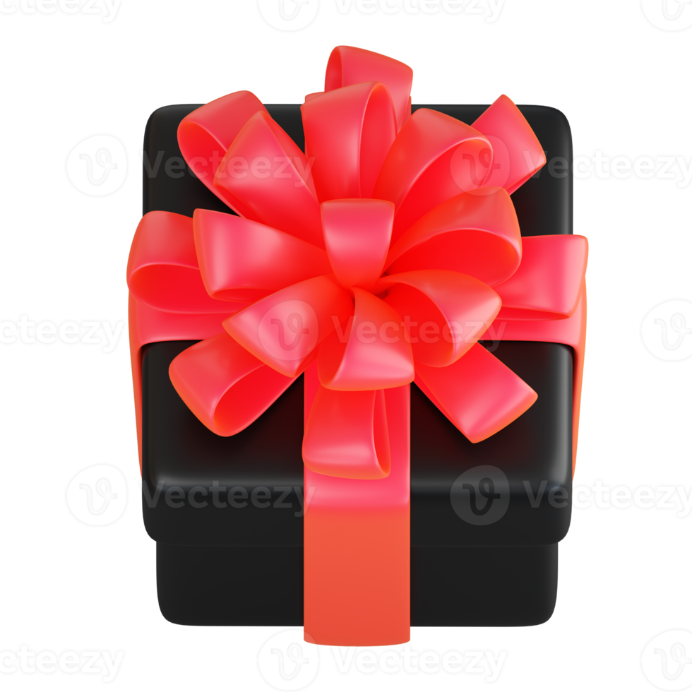 Realistic black gift box with red ribbon bow. Concept of abstract holiday, birthday, Christmas or Black Friday present or surprise. 3d high quality isolated render png